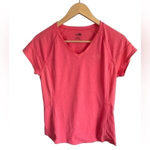 The North Face Women's Coral Red Athletic Workout V-Neck Tee T-Shirt, Medium